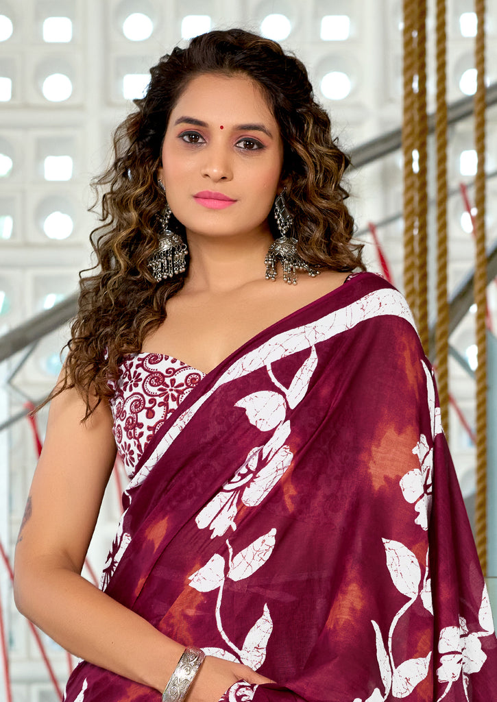 PETAL PARADISE FLORAL HAND PRINT MULMUL COTTON MAROON SAREE