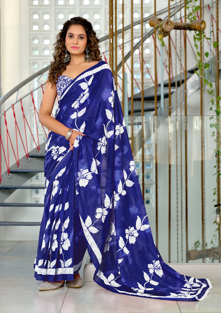 PETAL PARADISE FLORAL HAND PRINT MULMUL COTTON NEVY BLUE SAREE