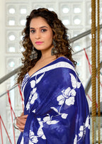 PETAL PARADISE FLORAL HAND PRINT MULMUL COTTON NEVY BLUE SAREE