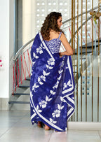PETAL PARADISE FLORAL HAND PRINT MULMUL COTTON NEVY BLUE SAREE