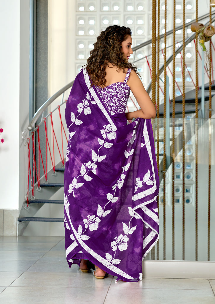 PETAL PARADISE FLORAL HAND PRINT MULMUL COTTON PURPLE SAREE