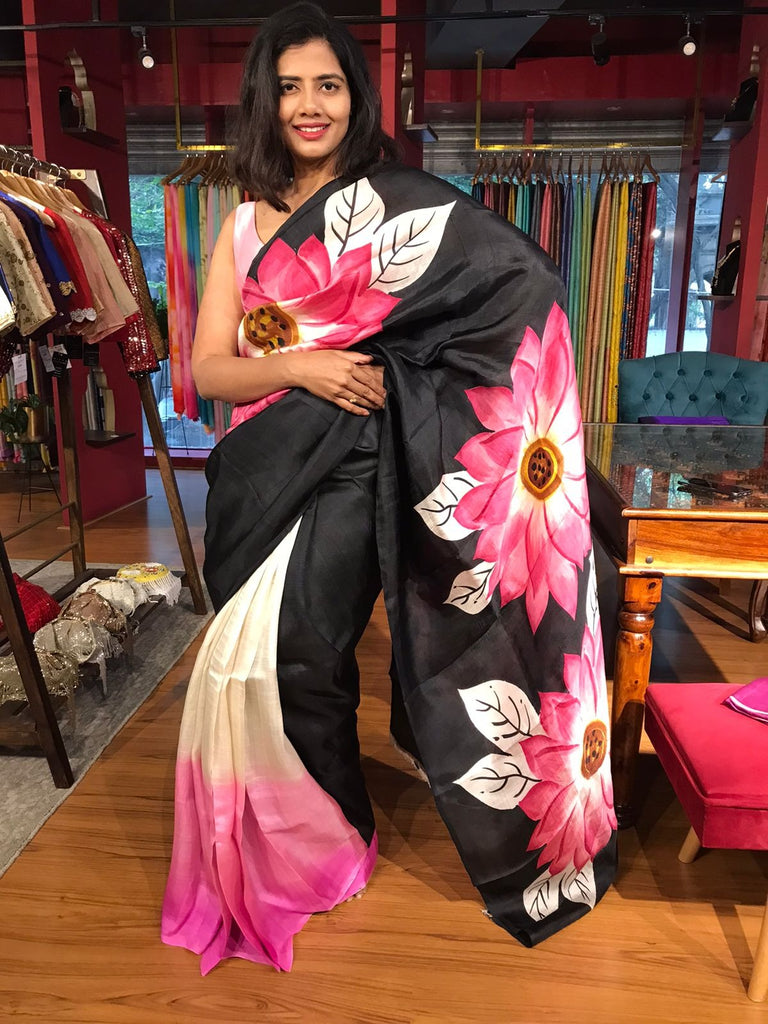 PINK SUNFLOWER SOFT MULMUL COTTON HAND BLOCK PRINT COTTON BLACK PINK SAREE