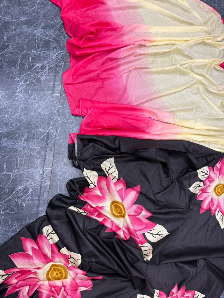 PINK SUNFLOWER SOFT MULMUL COTTON HAND BLOCK PRINT COTTON BLACK PINK SAREE