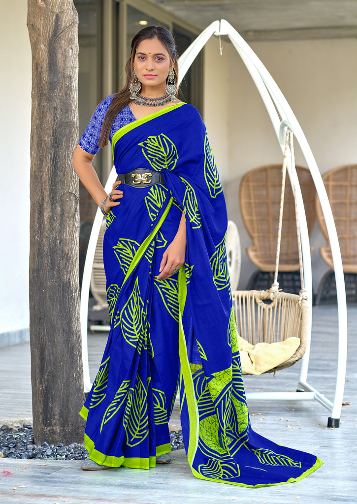 PRANAVI PURE MULMUL MORDAN HAND BLOCK PRINTD BLUE SAREE
