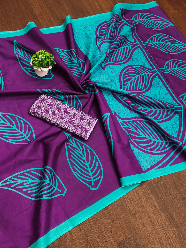 PRANAVI PURE MULMUL MORDAN HAND BLOCK PRINTD PURPLE SAREE