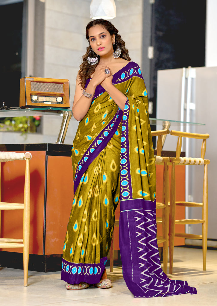 PREKSHA PURE MULMUL IKKAT HAND BLOCK PRINTD GREEN SAREE