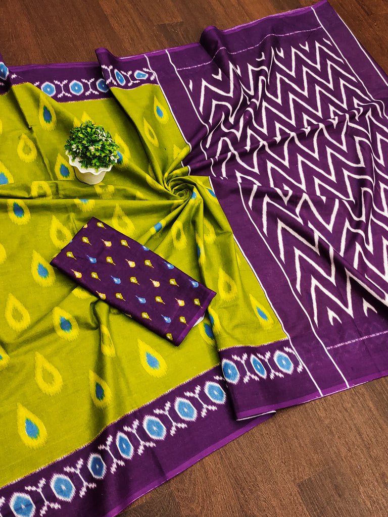 PREKSHA PURE MULMUL IKKAT HAND BLOCK PRINTD GREEN SAREE