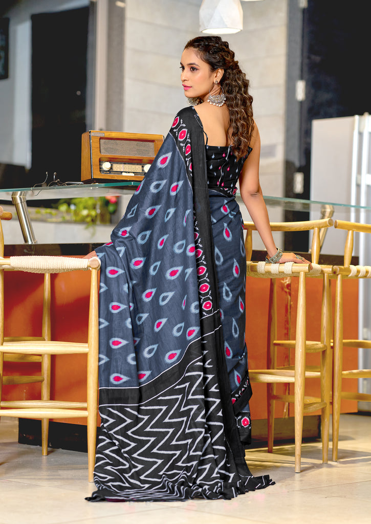 PREKSHA PURE MULMUL IKKAT HAND BLOCK PRINTD GREY SAREE