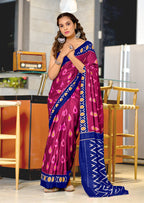 PREKSHA PURE MULMUL IKKAT HAND BLOCK PRINTD PINK SAREE