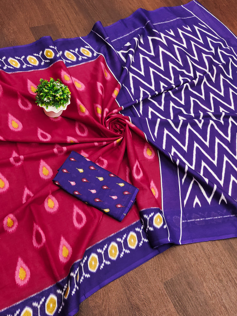 PREKSHA PURE MULMUL IKKAT HAND BLOCK PRINTD PINK SAREE