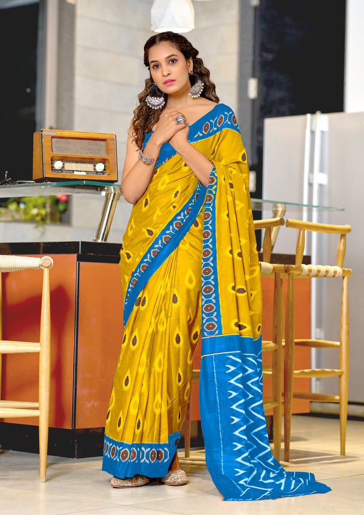 PREKSHA PURE MULMUL IKKAT HAND BLOCK PRINTD YELLOW SAREE