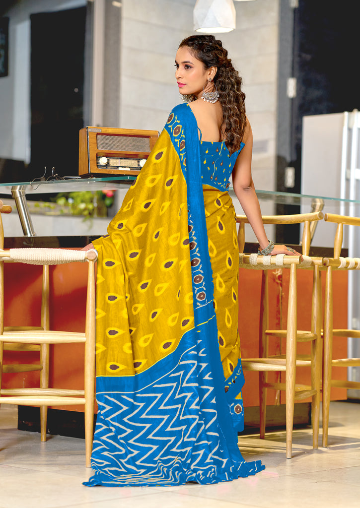 PREKSHA PURE MULMUL IKKAT HAND BLOCK PRINTD YELLOW SAREE