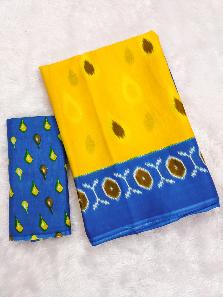 PREKSHA PURE MULMUL IKKAT HAND BLOCK PRINTD YELLOW SAREE