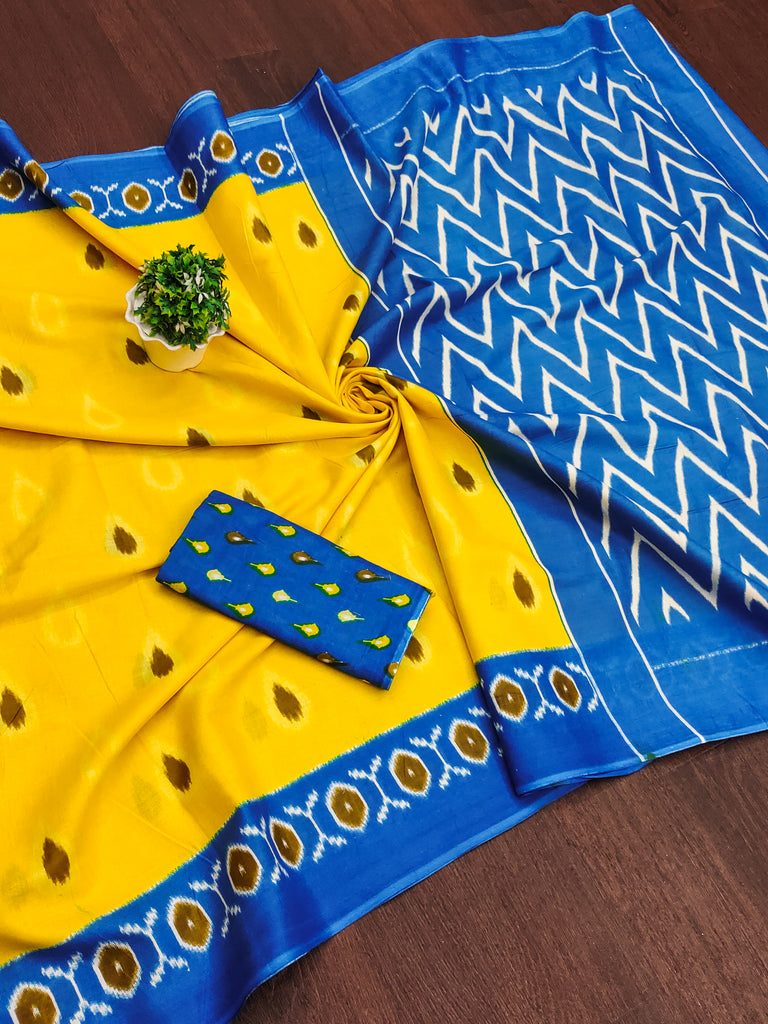 PREKSHA PURE MULMUL IKKAT HAND BLOCK PRINTD YELLOW SAREE