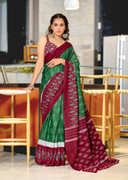 PREMWATHI PURE MULMUL COTTON IKKAT POCHAMPALLY HAND PRINTED BOTTAL GREEN SAREE