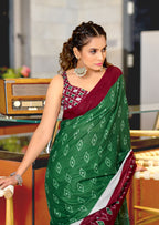 PREMWATHI PURE MULMUL COTTON IKKAT POCHAMPALLY HAND PRINTED BOTTAL GREEN SAREE