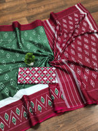 PREMWATHI PURE MULMUL COTTON IKKAT POCHAMPALLY HAND PRINTED BOTTAL GREEN SAREE