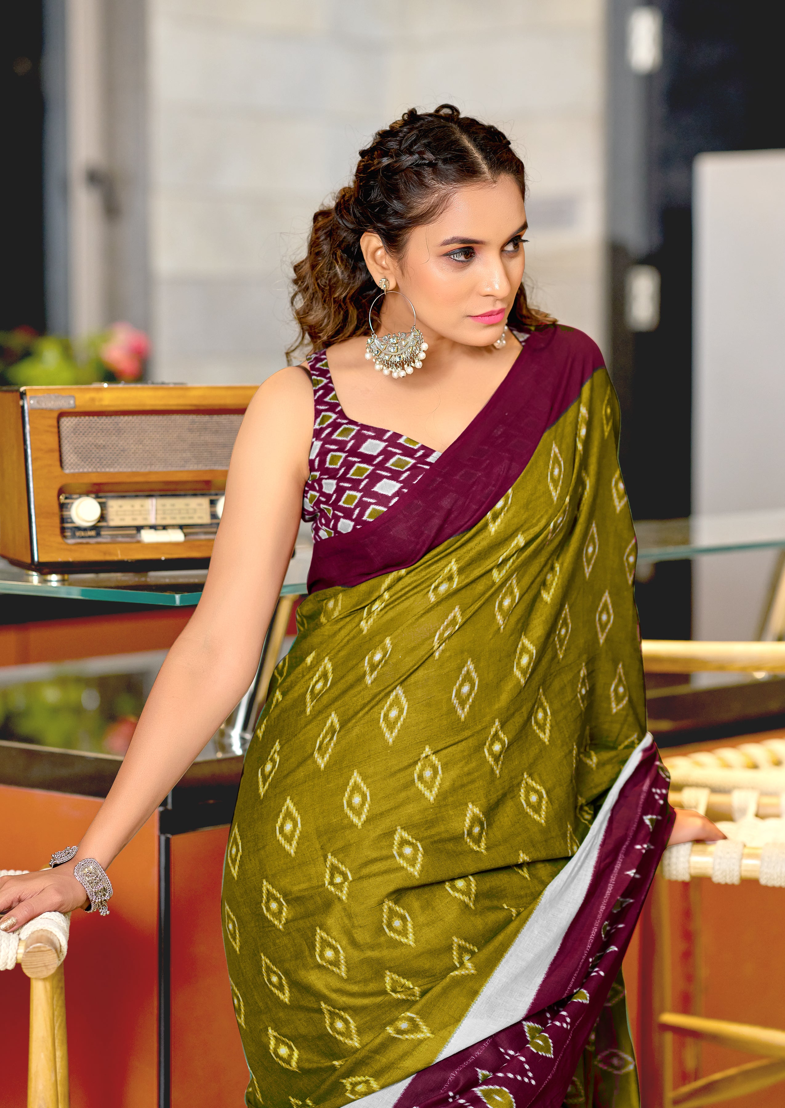 PREMWATHI PURE MULMUL COTTON IKKAT POCHAMPALLY HAND PRINTED OLIVE GREEN SAREE