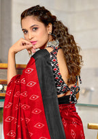 PREMWATHI PURE MULMUL COTTON IKKAT POCHAMPALLY HAND PRINTED RED SAREE