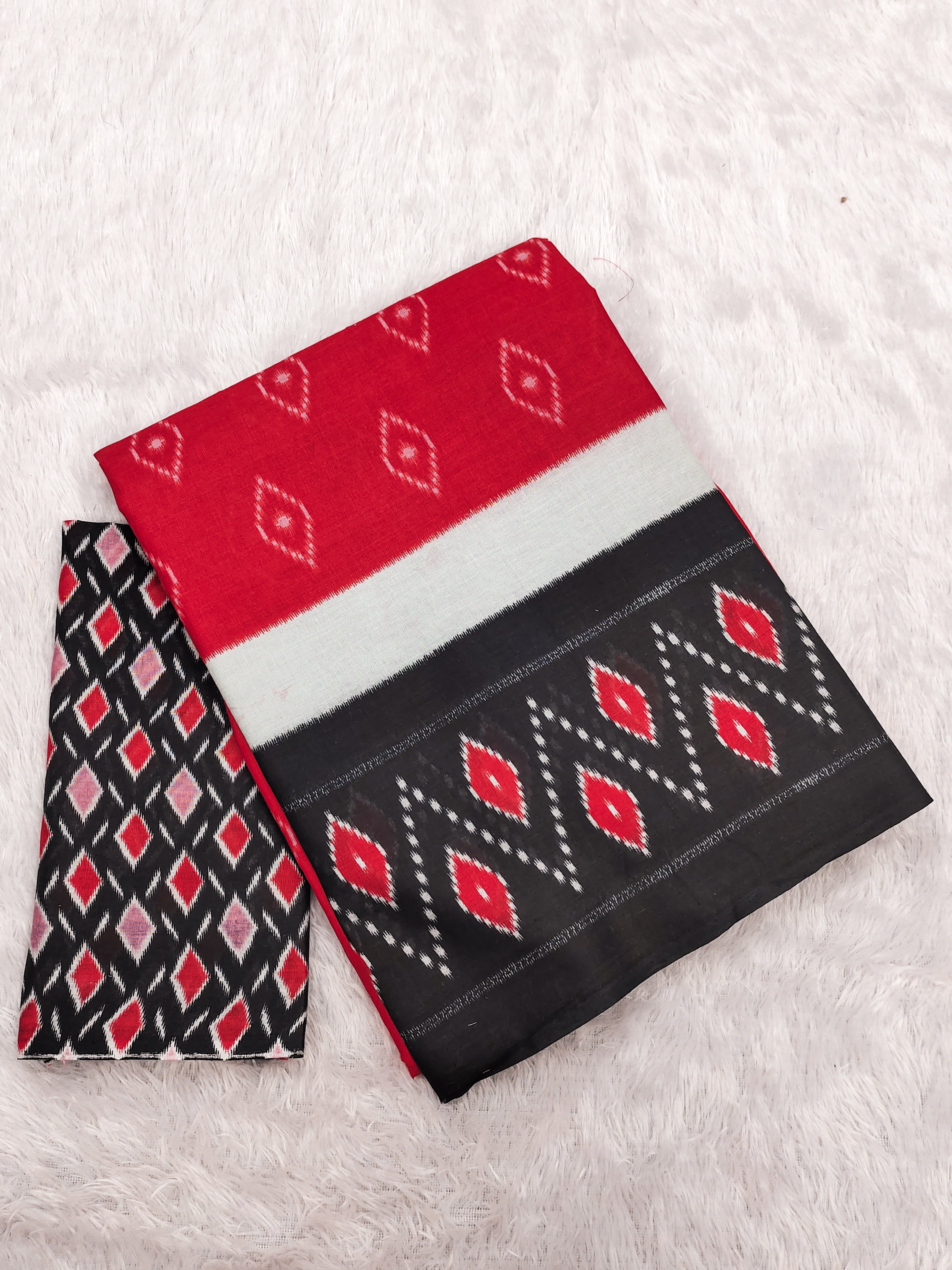 PREMWATHI PURE MULMUL COTTON IKKAT POCHAMPALLY HAND PRINTED RED SAREE