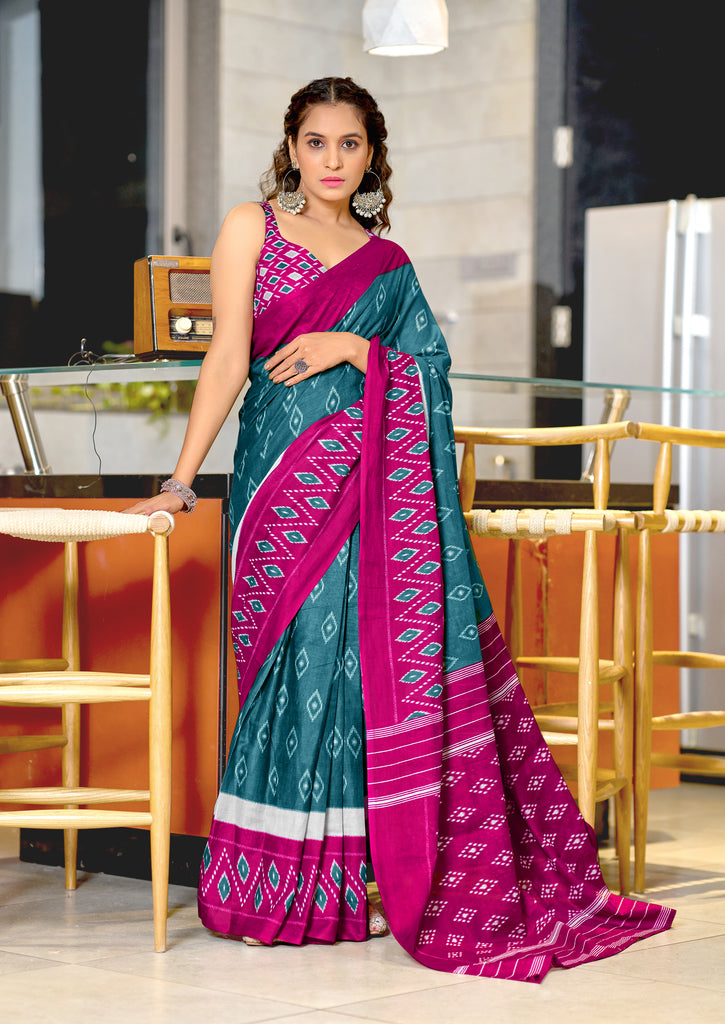 PREMWATHI PURE MULMUL COTTON IKKAT POCHAMPALLY HAND PRINTED TEAL BLUE SAREE