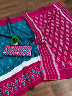 PREMWATHI PURE MULMUL COTTON IKKAT POCHAMPALLY HAND PRINTED TEAL BLUE SAREE