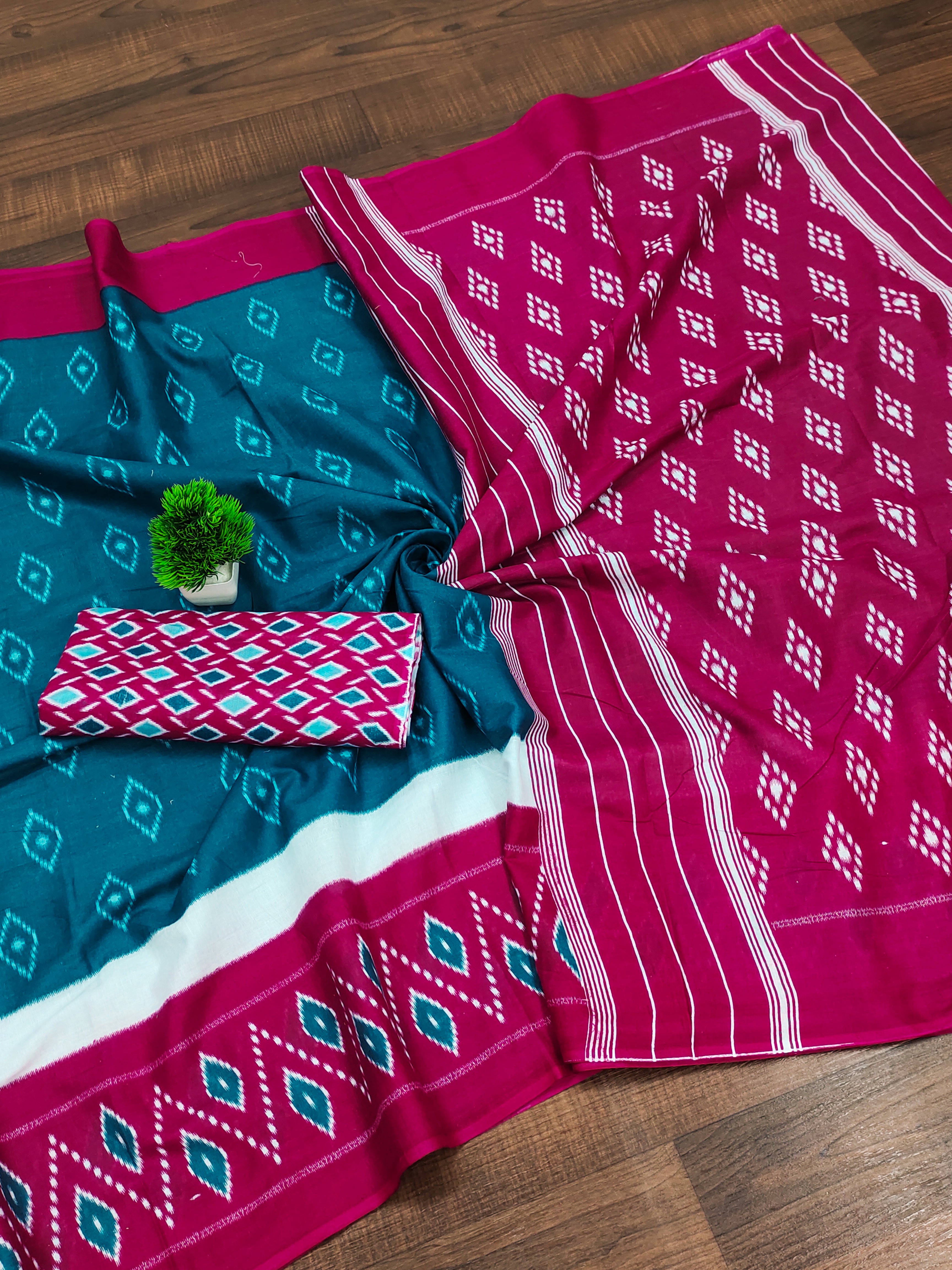 PREMWATHI PURE MULMUL COTTON IKKAT POCHAMPALLY HAND PRINTED TEAL BLUE SAREE