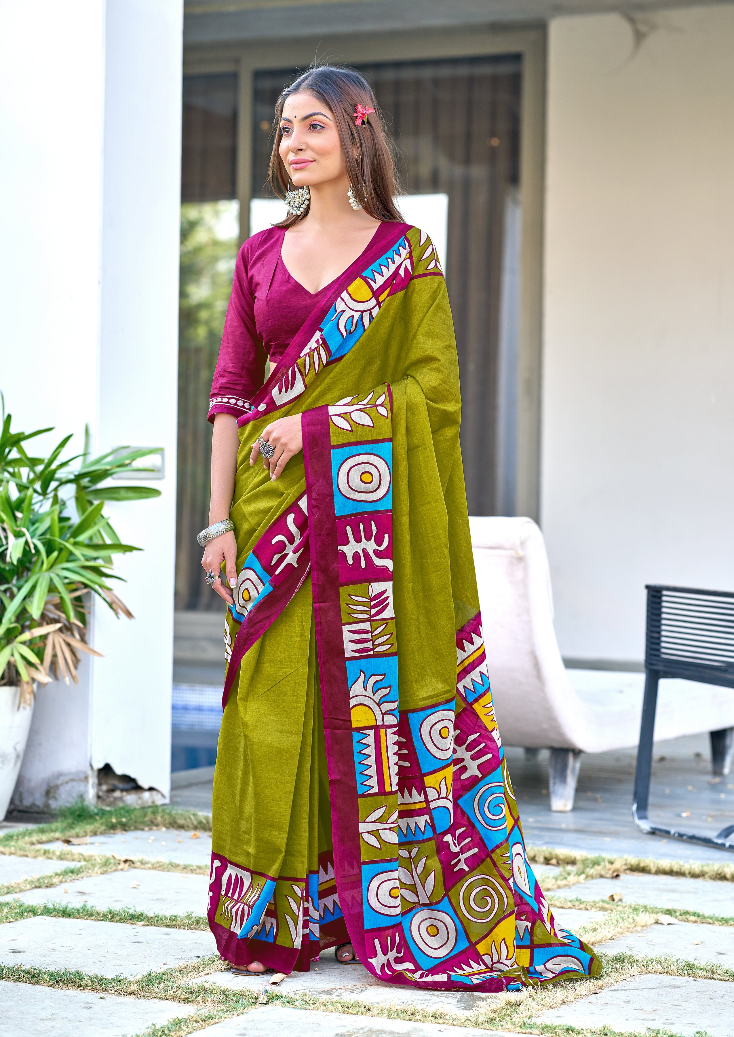 BAGRU BLOCK PRINT  MULMUL COTTON MEHNDI GREEN SAREE