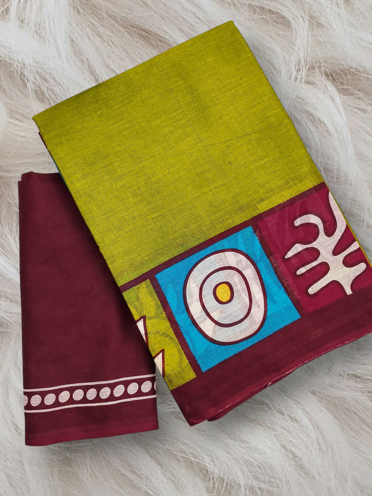 BAGRU BLOCK PRINT  MULMUL COTTON MEHNDI GREEN SAREE