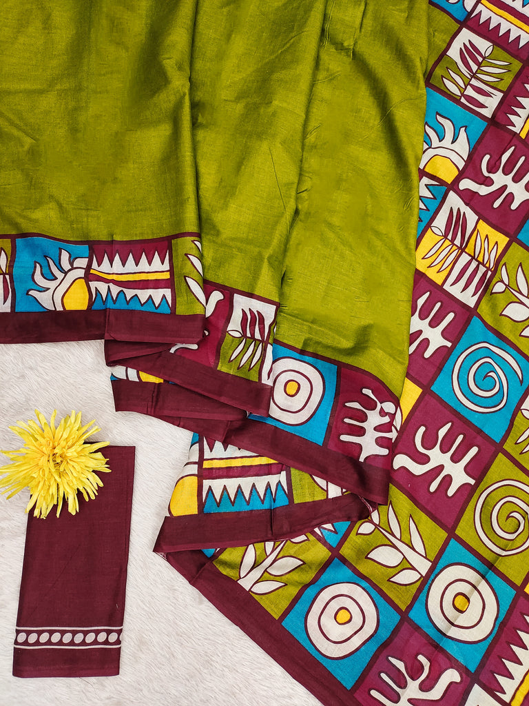 BAGRU BLOCK PRINT  MULMUL COTTON MEHNDI GREEN SAREE