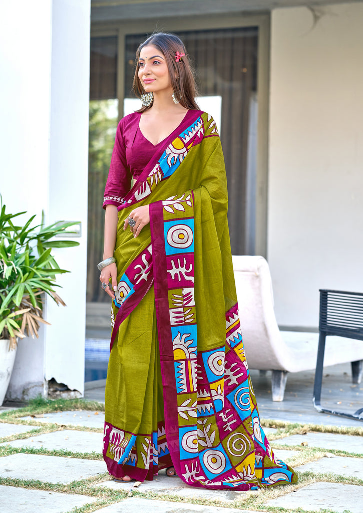 BAGRU BLOCK PRINT  MULMUL COTTON MEHNDI GREEN SAREE