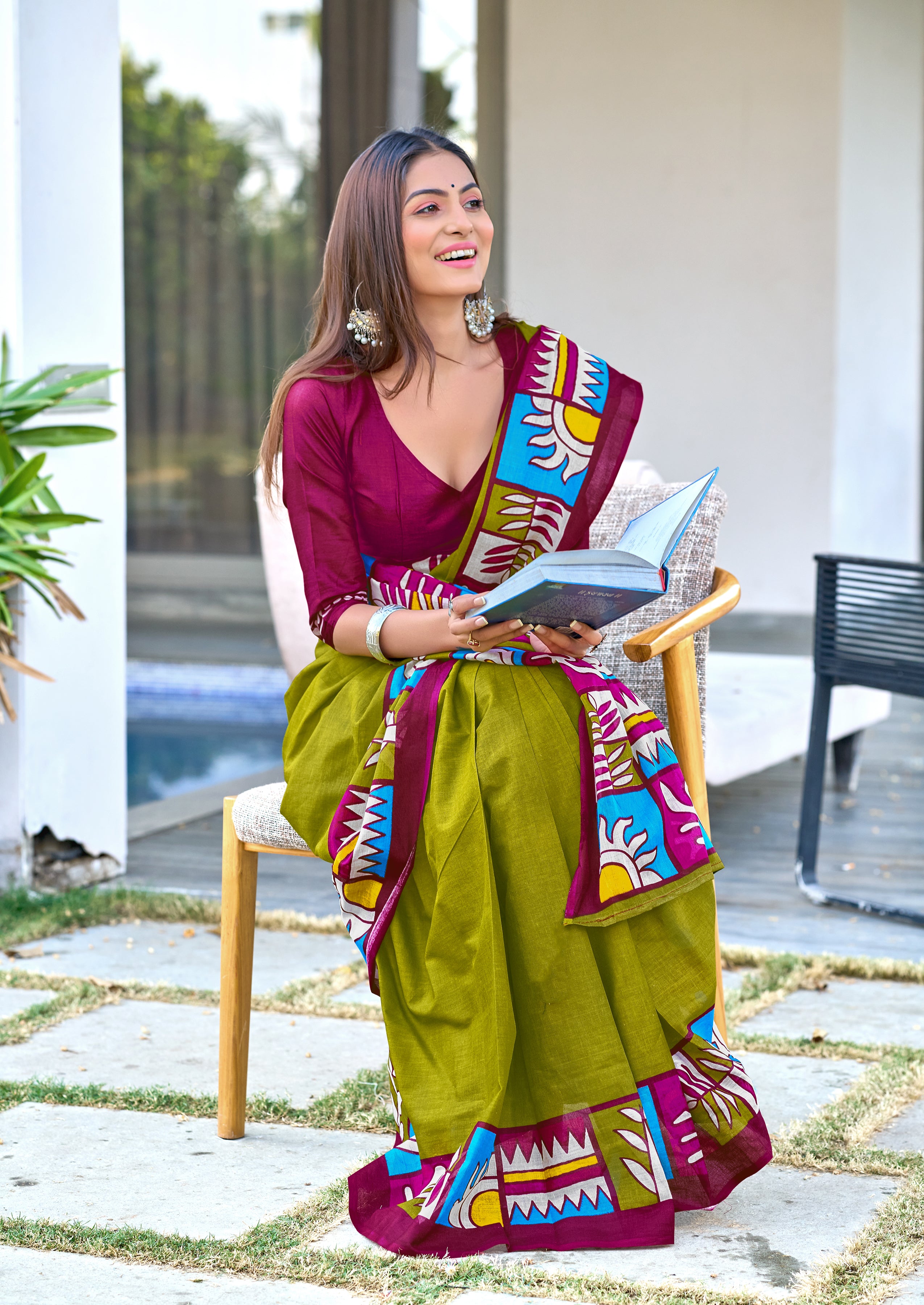 BAGRU BLOCK PRINT  MULMUL COTTON MEHNDI GREEN SAREE