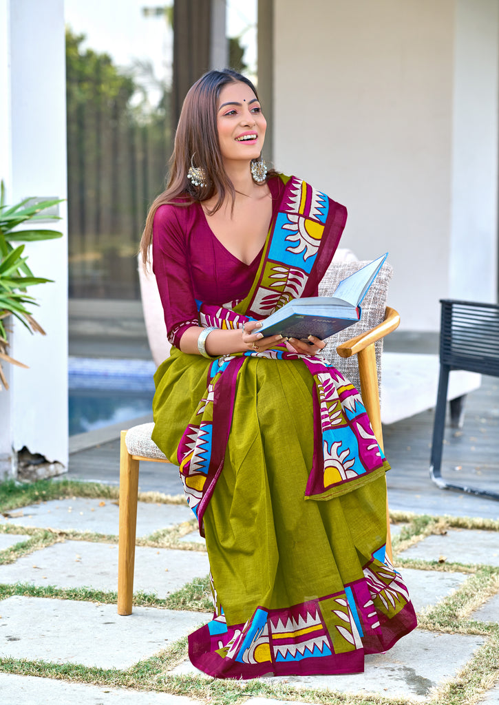 BAGRU BLOCK PRINT  MULMUL COTTON MEHNDI GREEN SAREE
