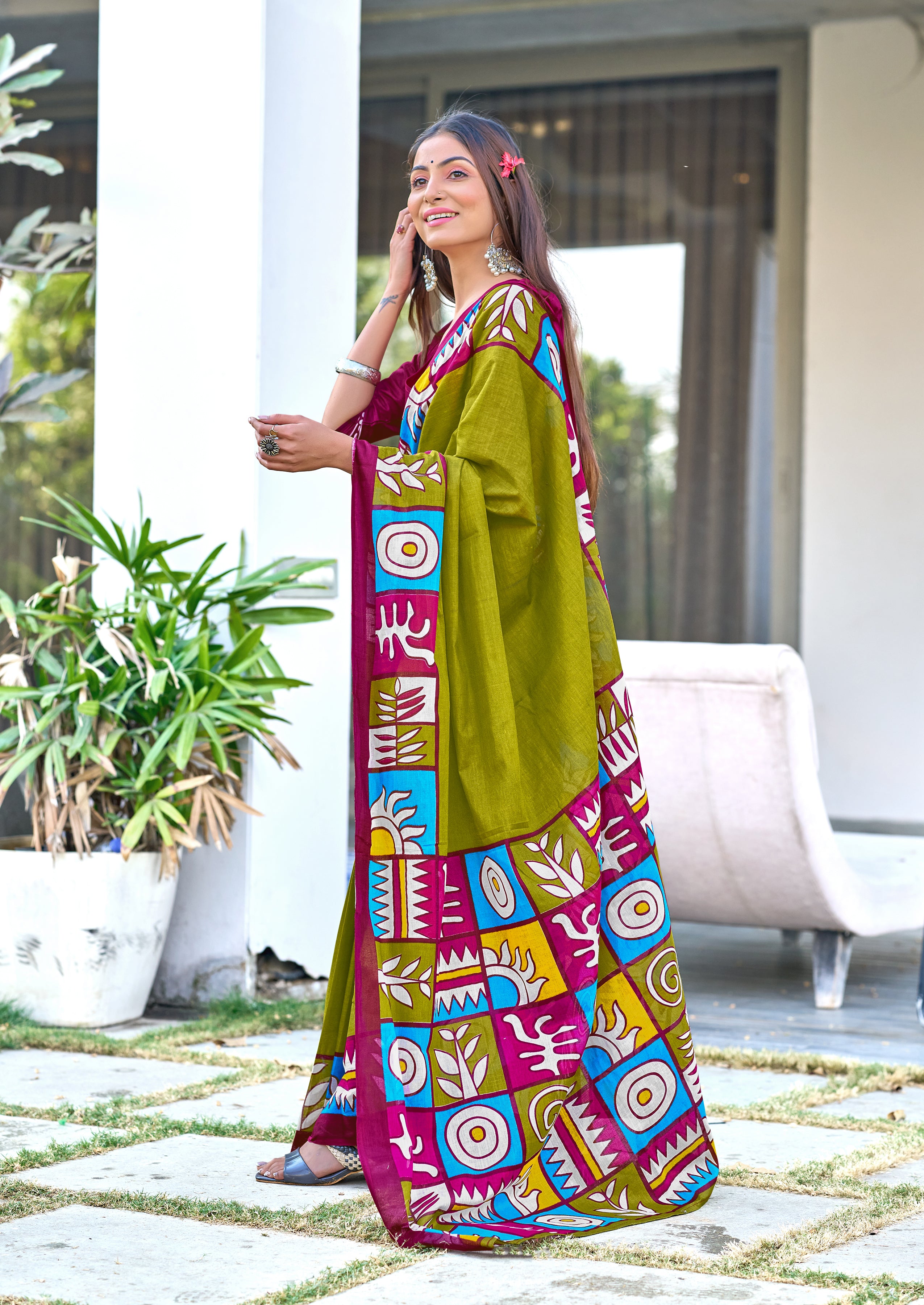 BAGRU BLOCK PRINT  MULMUL COTTON MEHNDI GREEN SAREE