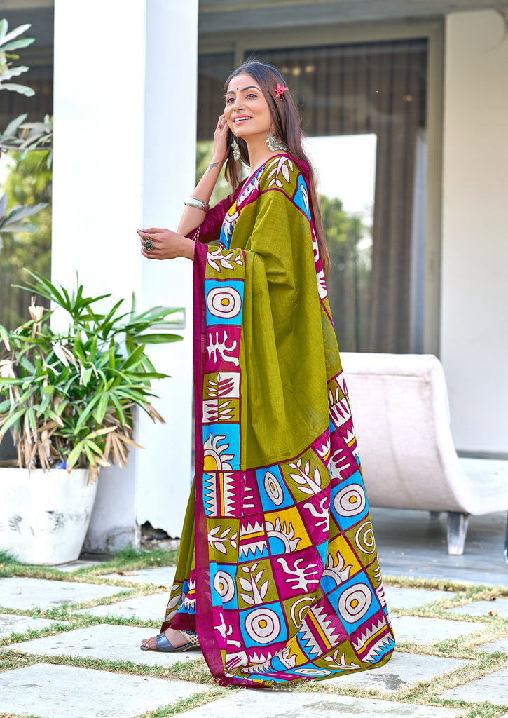 BAGRU BLOCK PRINT  MULMUL COTTON MEHNDI GREEN SAREE