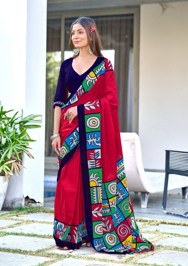 BAGRU BLOCK PRINT  MULMUL COTTON PINK SAREE