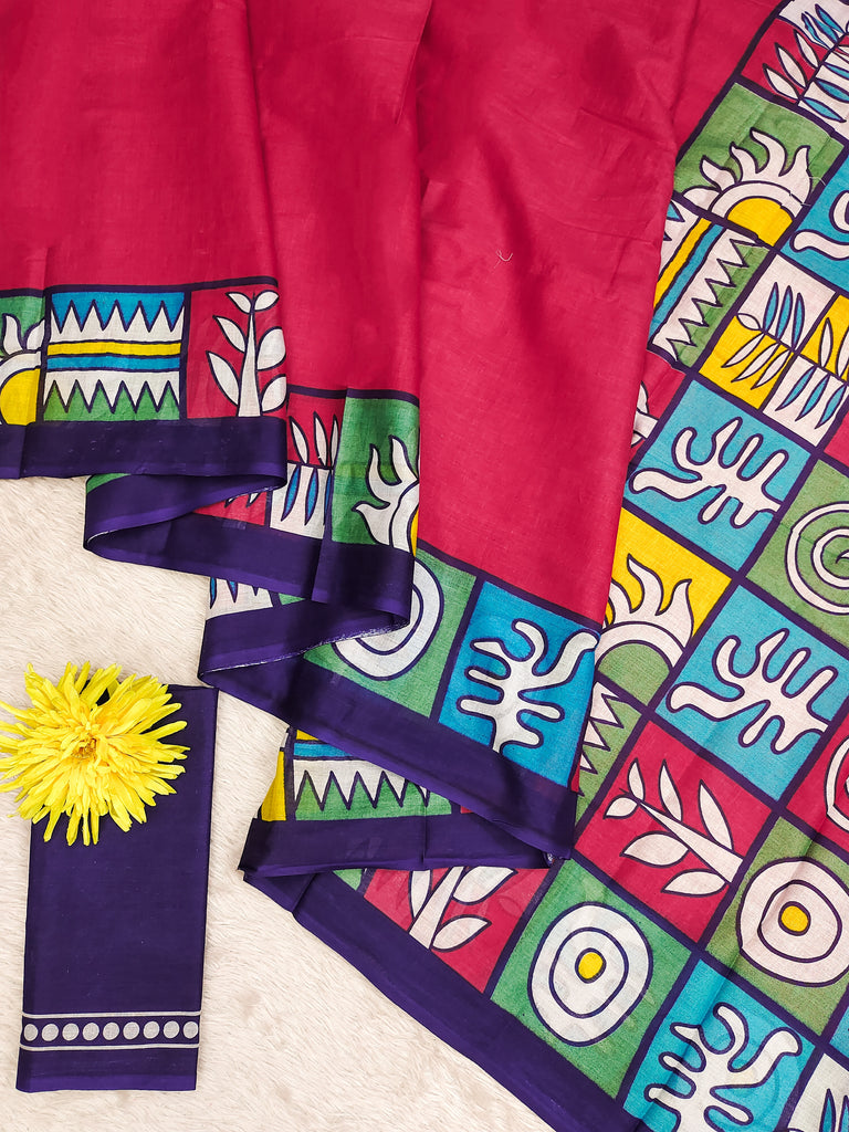 BAGRU BLOCK PRINT  MULMUL COTTON PINK SAREE
