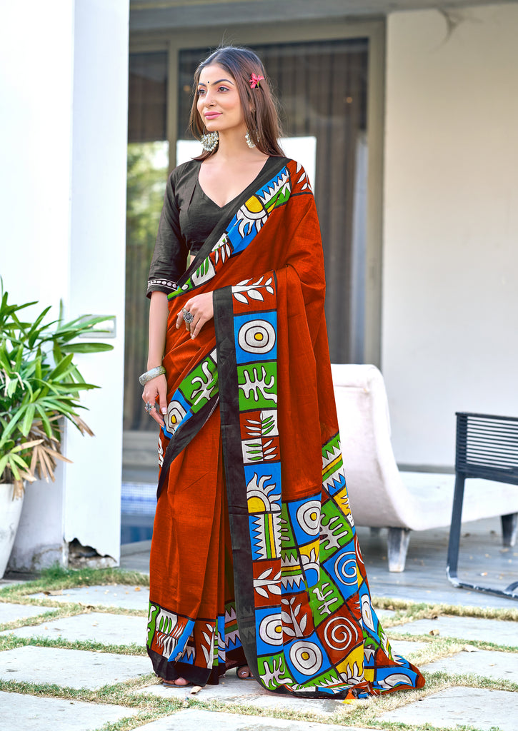 BAGRU BLOCK PRINT  MULMUL COTTON RED SAREE
