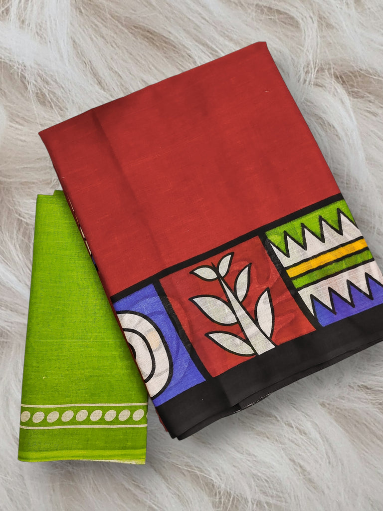 BAGRU BLOCK PRINT  MULMUL COTTON RED SAREE