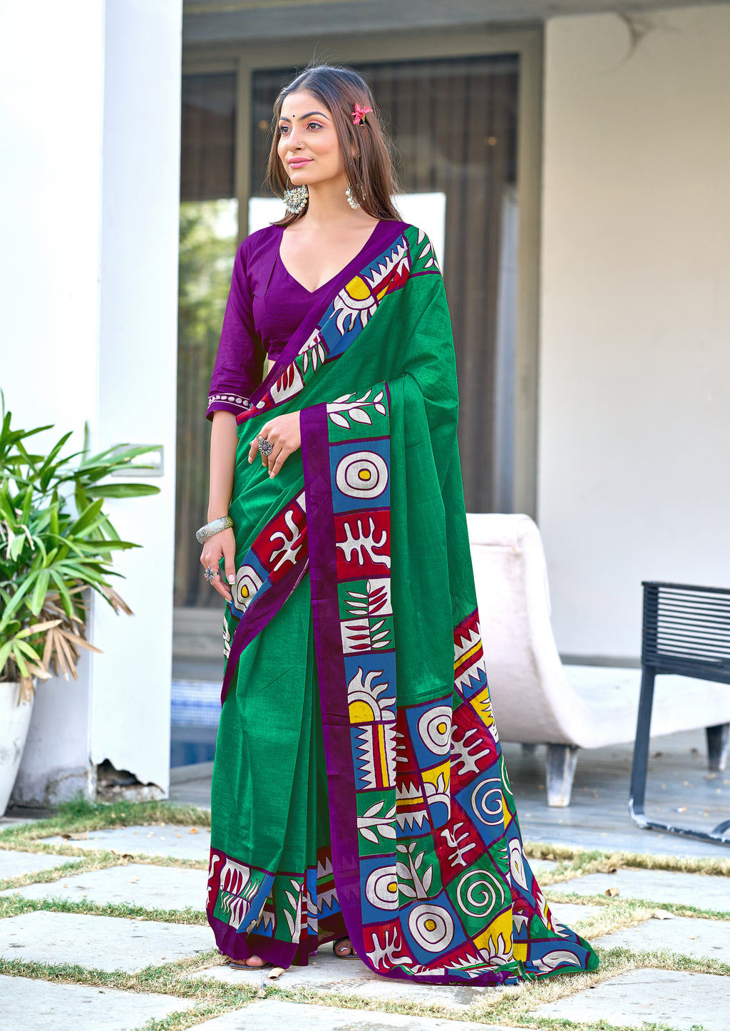 BAGRU BLOCK PRINT  MULMUL COTTON TEAL GREEN SAREE