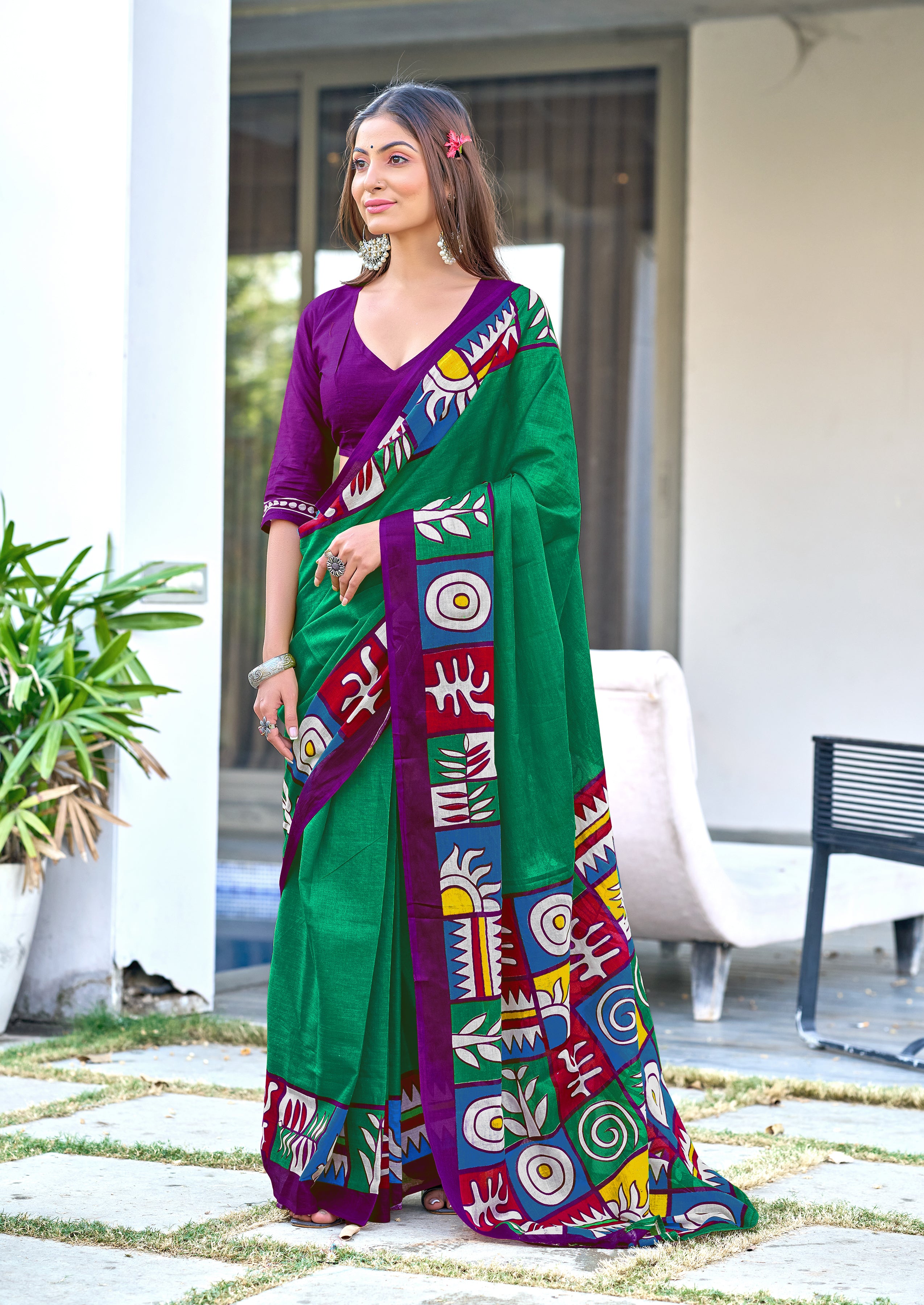 BAGRU BLOCK PRINT  MULMUL COTTON TEAL GREEN SAREE