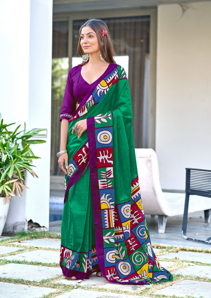 BAGRU BLOCK PRINT  MULMUL COTTON TEAL GREEN SAREE