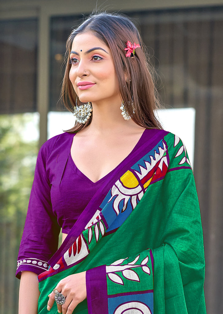 BAGRU BLOCK PRINT  MULMUL COTTON TEAL GREEN SAREE