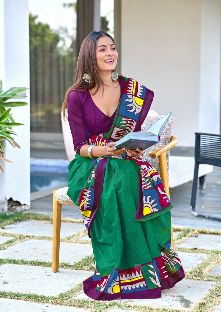 BAGRU BLOCK PRINT  MULMUL COTTON TEAL GREEN SAREE