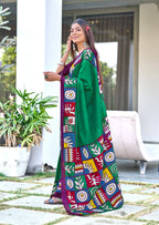 BAGRU BLOCK PRINT  MULMUL COTTON TEAL GREEN SAREE