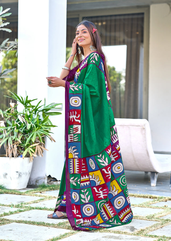 BAGRU BLOCK PRINT  MULMUL COTTON TEAL GREEN SAREE