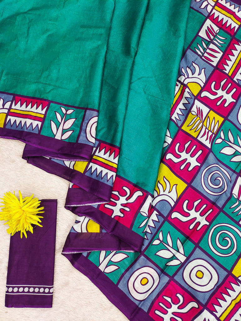 BAGRU BLOCK PRINT  MULMUL COTTON TEAL GREEN SAREE