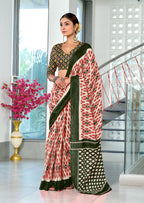 PRIYALAXMI PURE MULMUL COTTON IKKAT PRINTD DARK GREEN AND PEACH SAREE