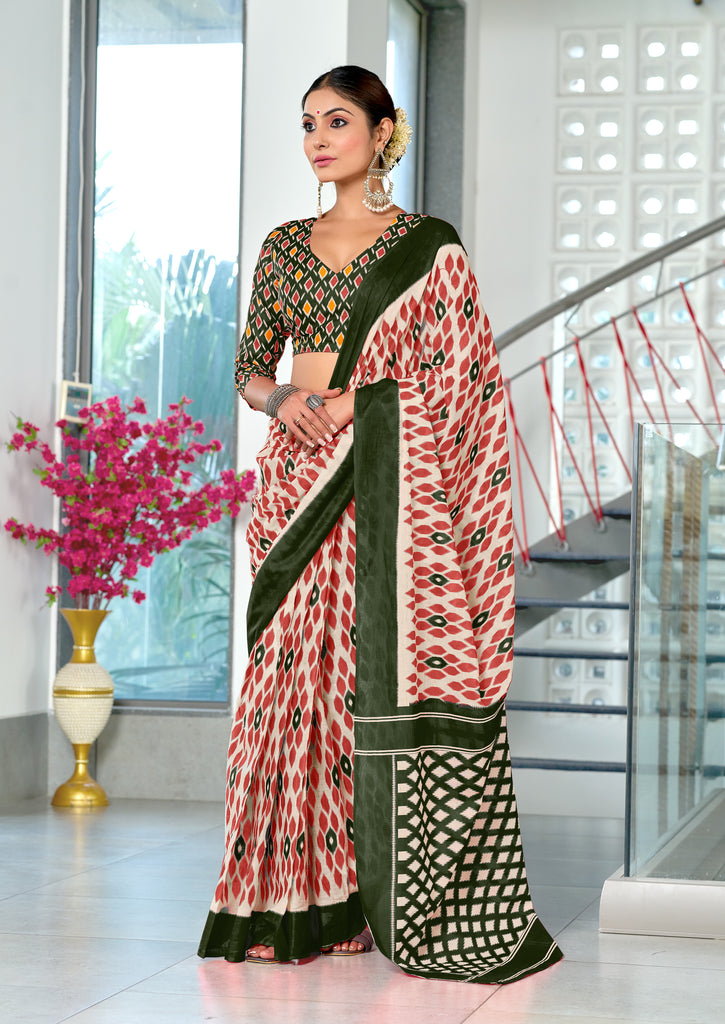 PRIYALAXMI PURE MULMUL COTTON IKKAT PRINTD DARK GREEN AND PEACH SAREE