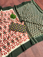 PRIYALAXMI PURE MULMUL COTTON IKKAT PRINTD DARK GREEN AND PEACH SAREE